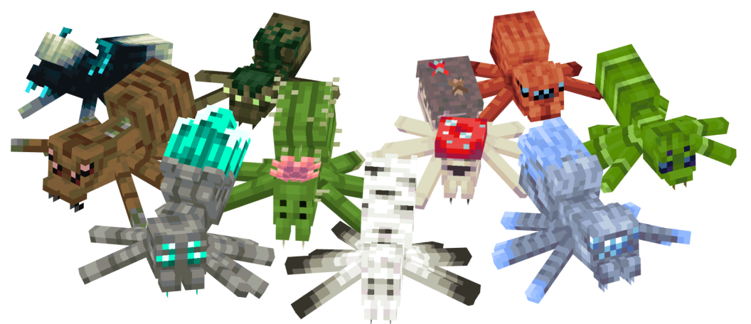 A lineup of Spider Overhaul's biome-themed spiders