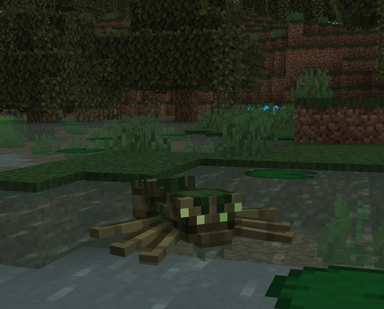 Swamp Spider swimming in a Minecraft swamp